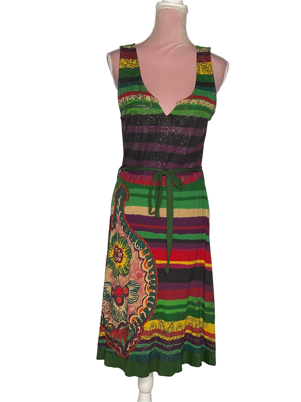 Desigual Boho Multicolor Striped Paisley Tie-Waist Midi Dress